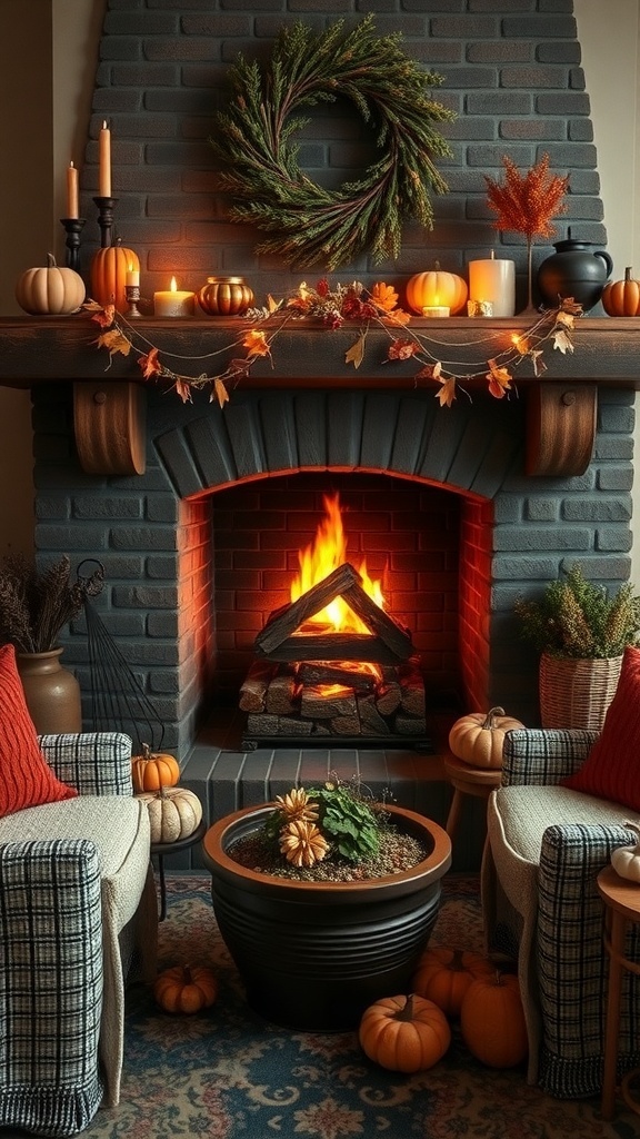 A cozy fireplace decorated for fall with pumpkins, candles, and a wreath.