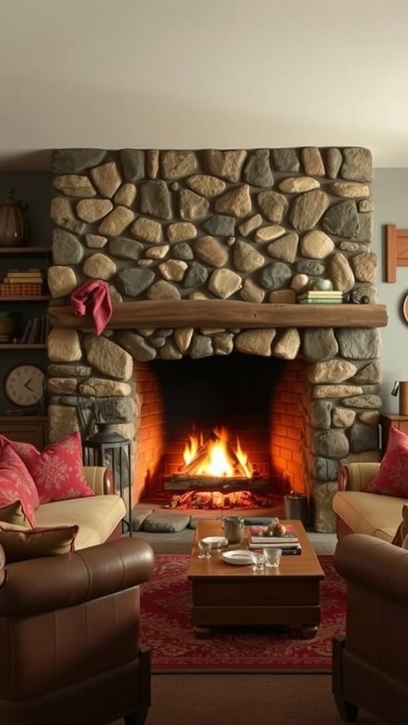 A cozy cottage living room with a stone fireplace, comfortable seating, and warm lighting.