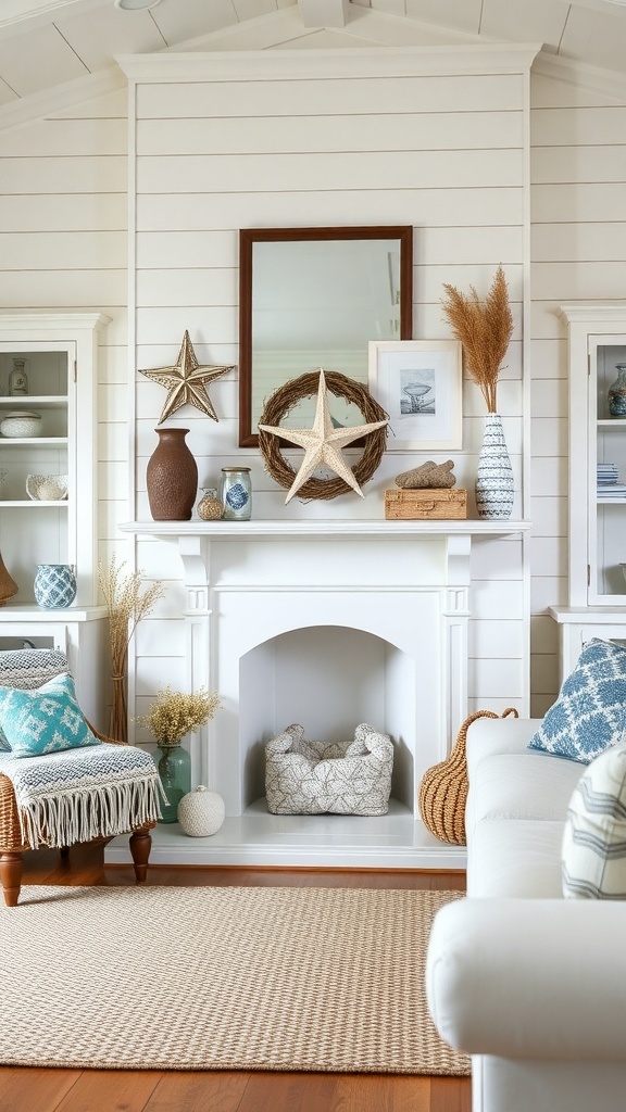 Coastal farmhouse living room with a cozy fireplace and beach-themed decor.