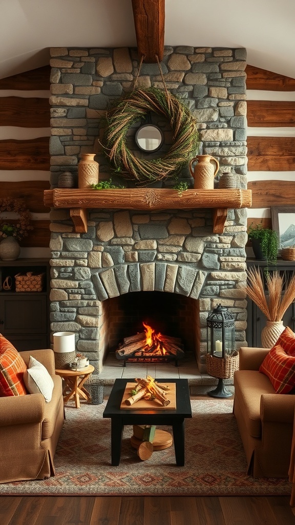 A rustic fireplace made of stone with a wooden mantel, surrounded by cozy seating and warm decor.