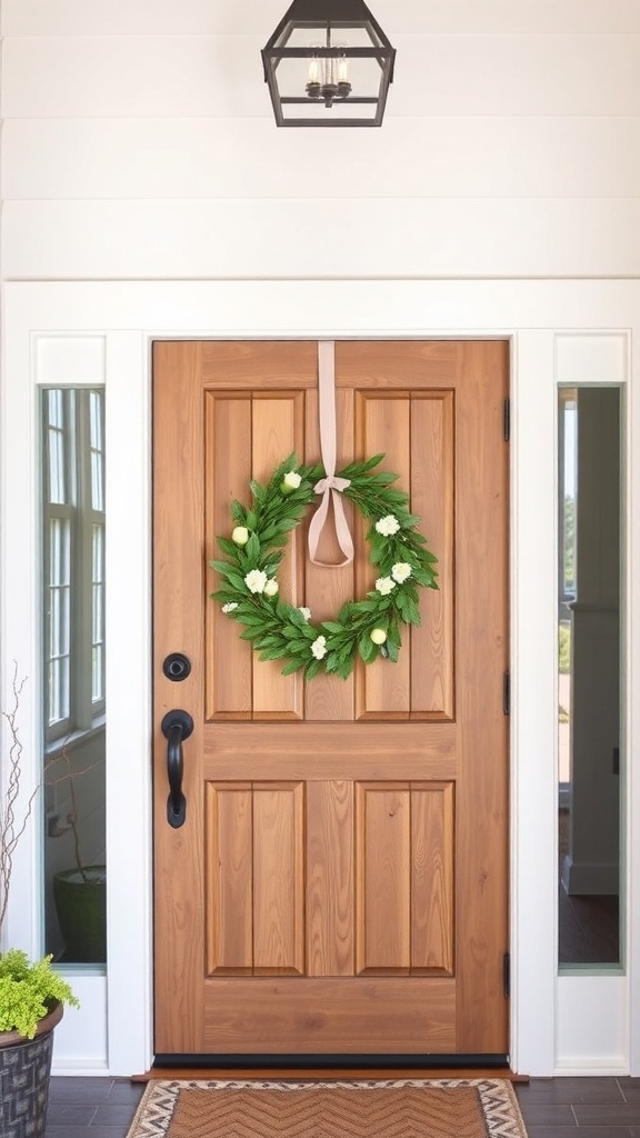 A modern farmhouse entryway featuring a wooden front door with a wreath and a stylish light fixture.