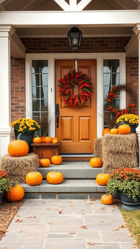 A cozy fall porch with an orange door, a wreath, pumpkins, and colorful flowers.
