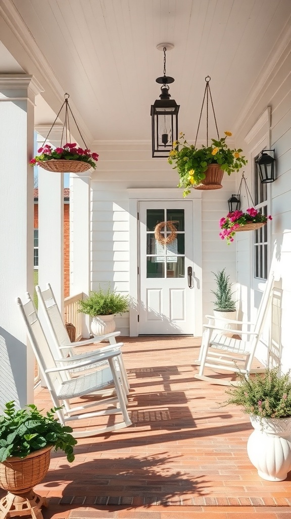 A charming front porch with rocking chairs, hanging plants, and a welcoming door.