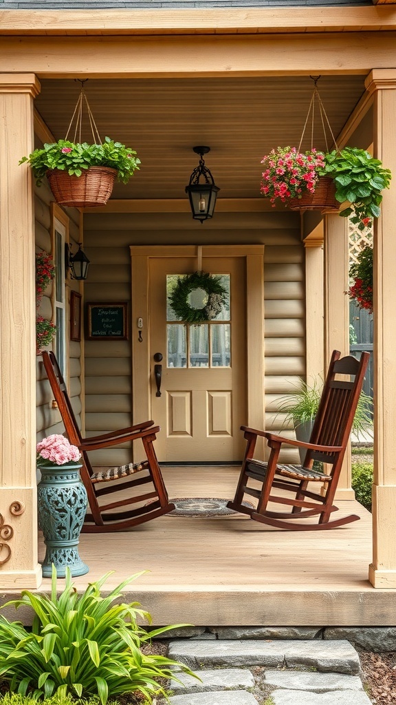 A rustic front porch with rocking chairs, hanging plants, and a welcoming door.