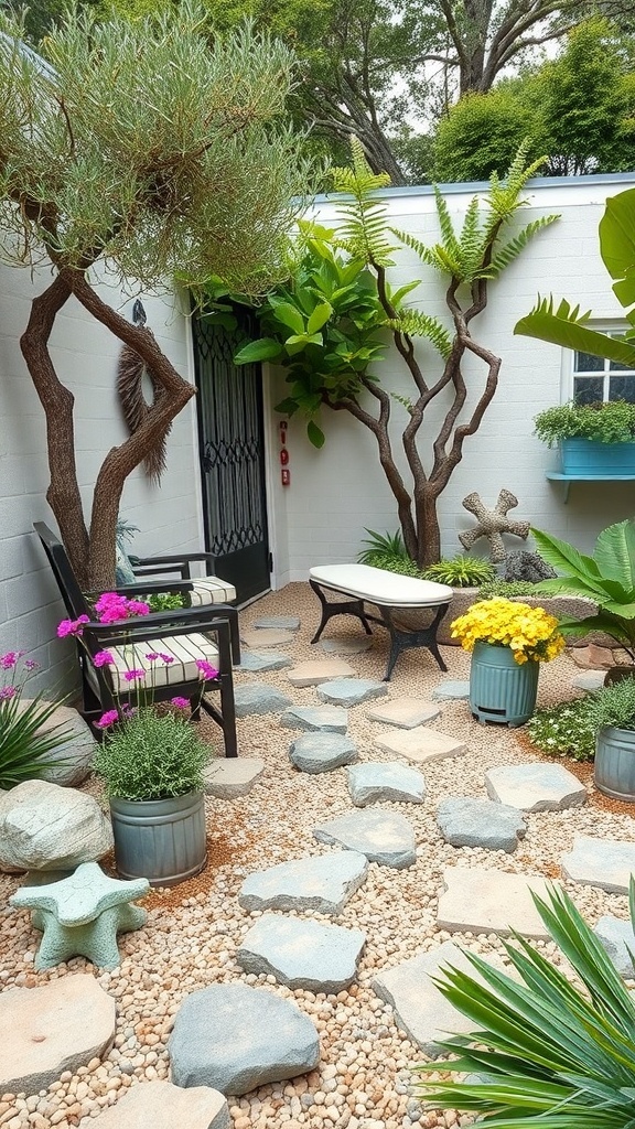 A cozy garden with stone pathways, colorful flowers, and seating areas.