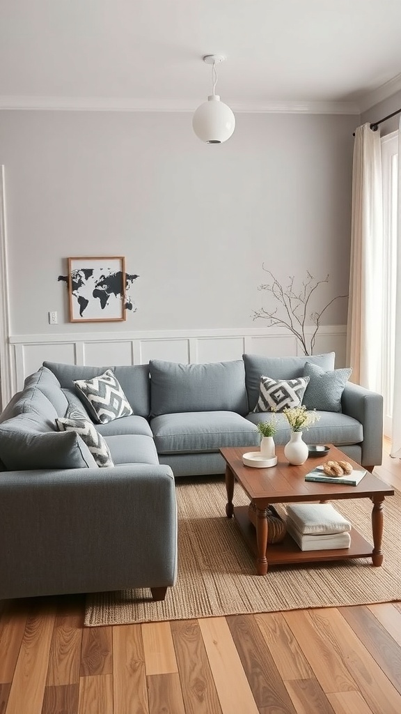 A cozy grey sectional sofa in a farmhouse living room with wooden flooring and a coffee table.