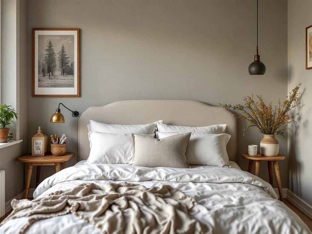 Cozy guest room with a comfortable bed, soft linens, and decorative elements.