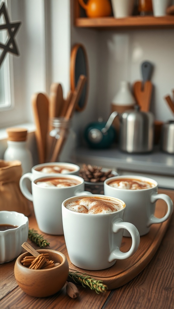 A cozy kitchen scene with mugs of hot beverages on a wooden tray, surrounded by spices and kitchen tools.