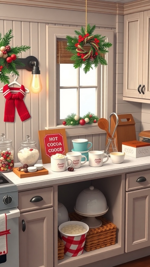 A cozy kitchen scene featuring a hot cocoa bar with festive decorations.