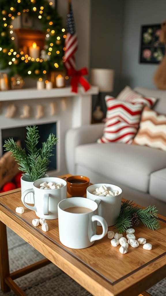 A cozy hot cocoa station with mugs, marshmallows, and festive decorations in a living room.
