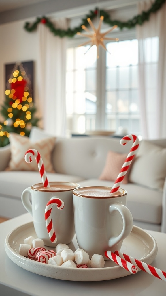 A cozy hot cocoa station with mugs, candy canes, and marshmallows in a festive living room.