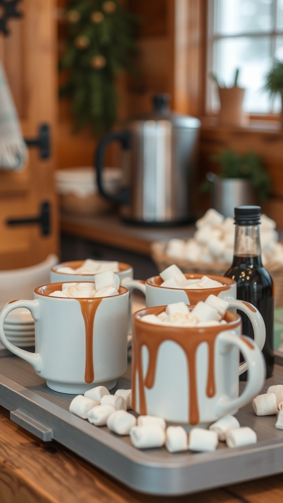 A cozy hot cocoa station with mugs of cocoa, marshmallows, and a warm cabin setting.
