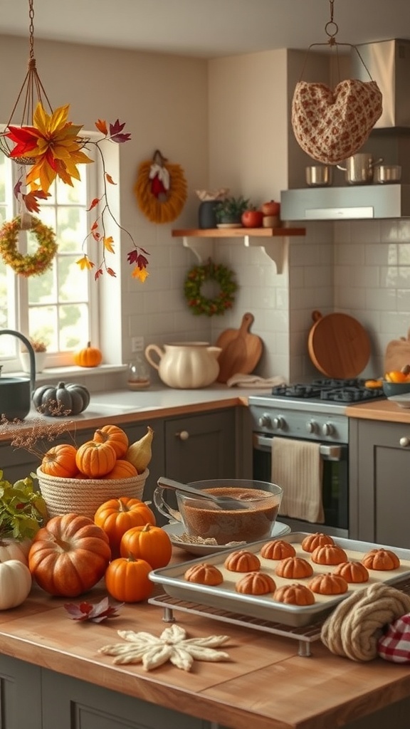 A cozy autumn kitchen filled with pumpkins, seasonal decorations, and baking preparations.