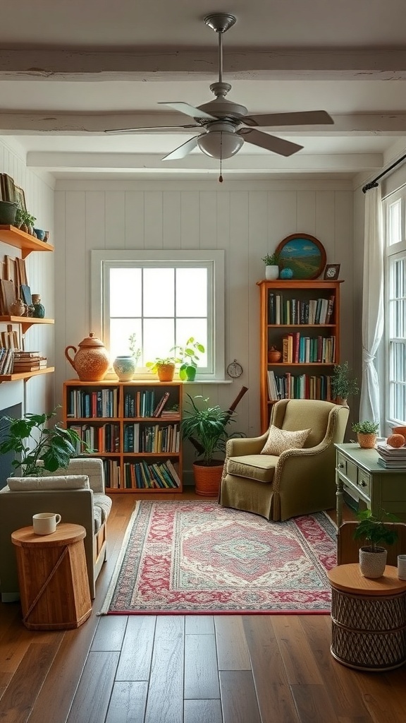 A cozy vintage farmhouse living room with soft chairs, bookshelves, and plants.