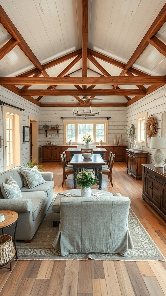 A cozy rustic cottage interior featuring an open-concept layout with wooden beams, a dining table, and comfortable seating.