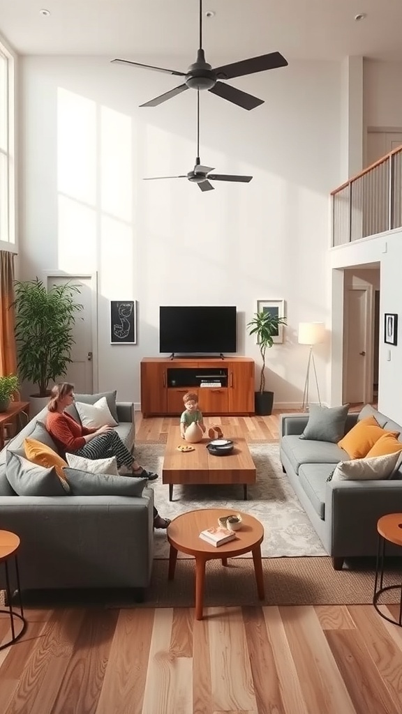 A cozy western farmhouse living room with an open layout, featuring comfortable seating and warm colors.