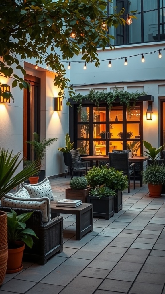 A cozy outdoor area with seating, plants, and string lights.