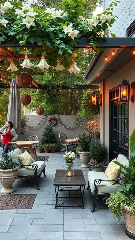 A cozy outdoor living area with comfortable seating, plants, and warm lighting.