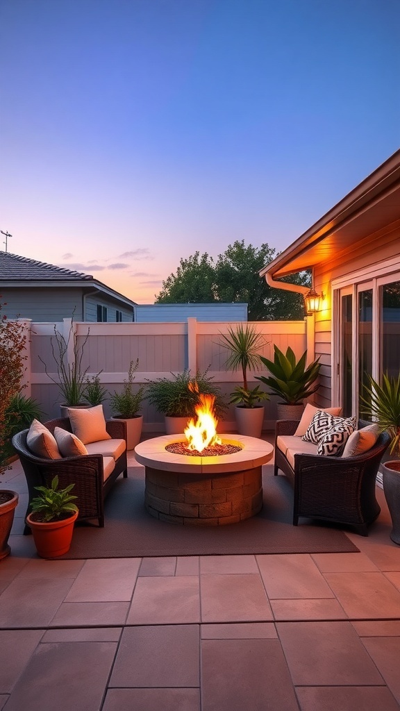 Cozy outdoor patio with seating and a fire pit, surrounded by plants.
