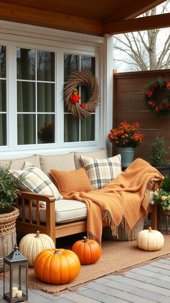 Cozy outdoor seating area with pumpkins and warm throws