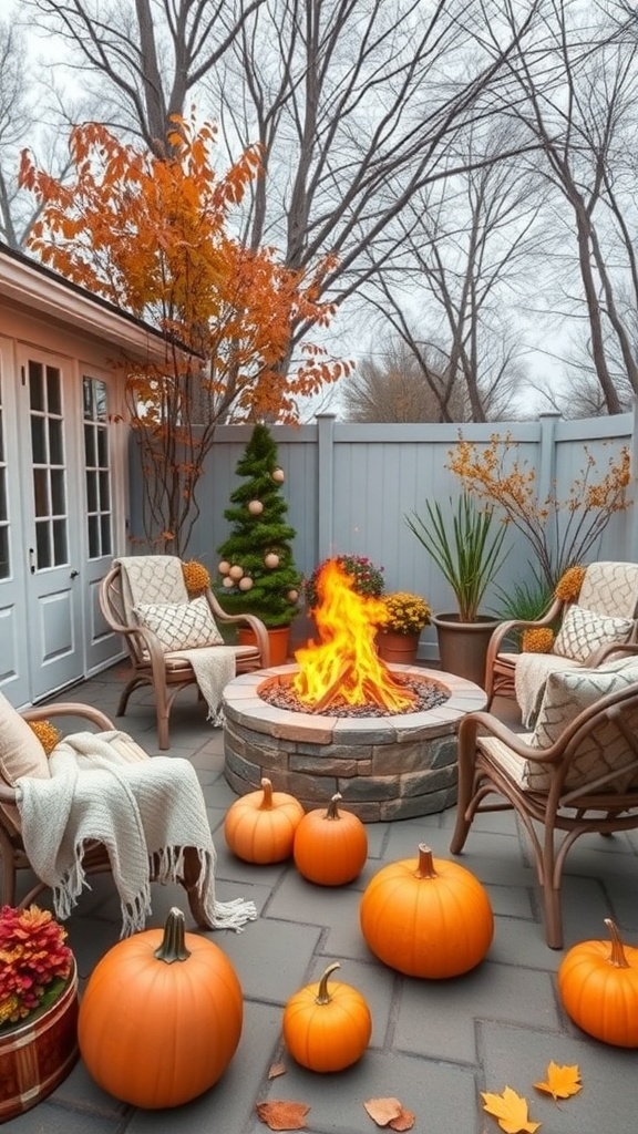 A cozy outdoor space with a fire pit surrounded by pumpkins and autumn foliage.