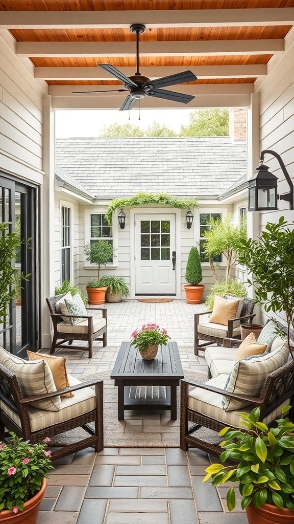 Cozy outdoor patio with comfortable seating and plants in pots