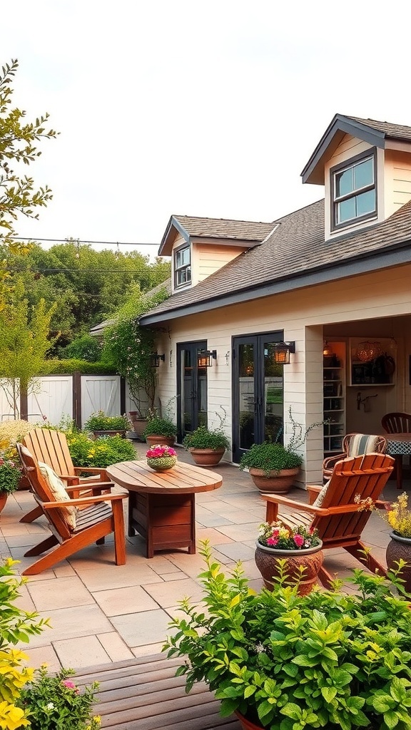 A cozy outdoor patio with wooden chairs, a round table, and colorful plants.