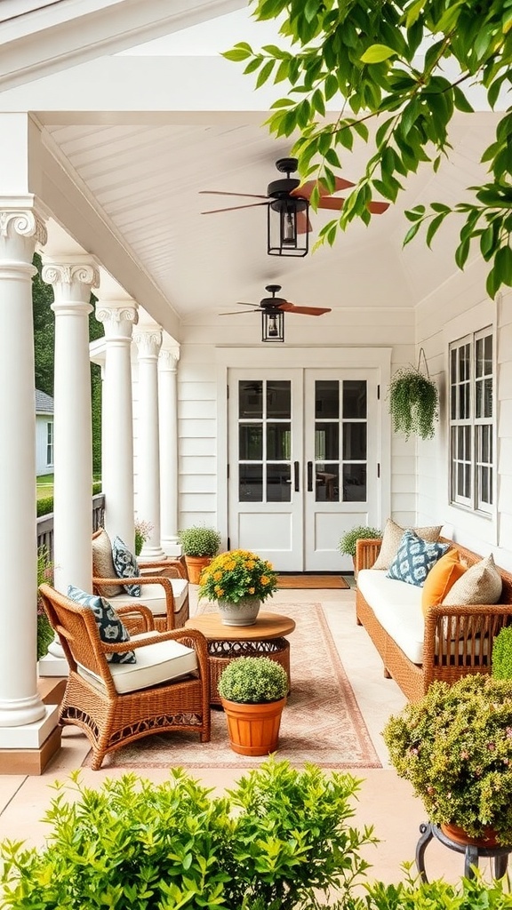 A cozy porch with wicker furniture, potted plants, and decorative pillows.