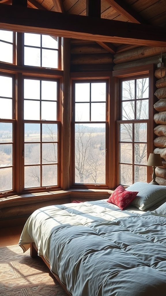 A rustic bedroom with large windows showcasing outdoor views.