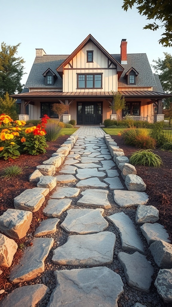 A natural stone pathway leading to a modern farmhouse, surrounded by colorful flowers and greenery.