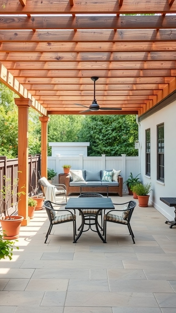 Modern farmhouse patio with wooden pergola and cozy seating.