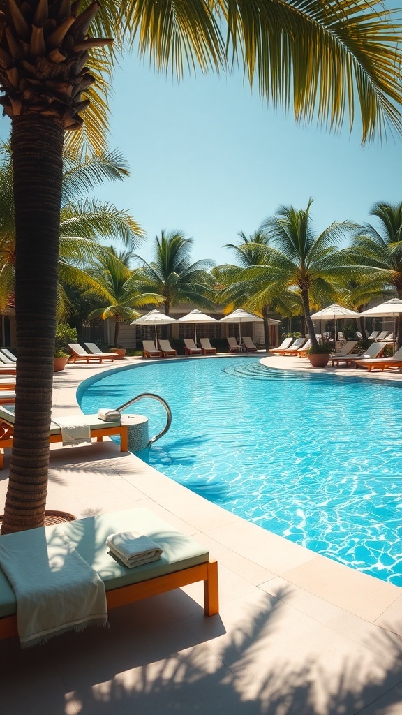 A beautiful pool area with palm trees and loungers