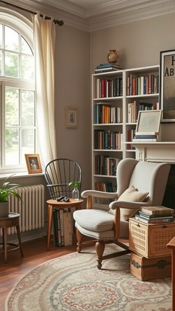 A cozy reading corner in a vintage cottage living room with a comfortable armchair, bookshelves, and warm lighting.