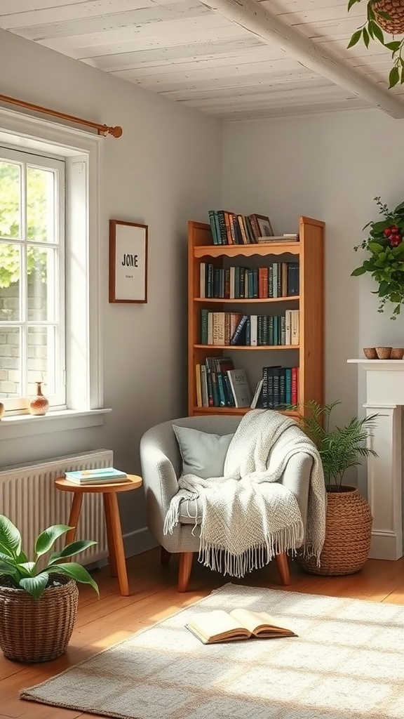 A cozy reading corner featuring a soft chair, a blanket, a small table, and a bookshelf filled with books.