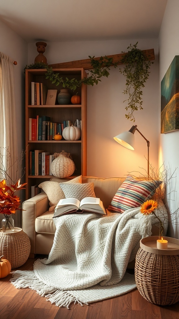 Cozy reading nook with a soft blanket, books, and autumn decorations.