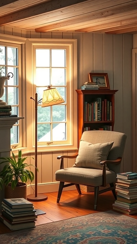 A cozy reading nook with a soft chair, a lamp, and books stacked nearby.