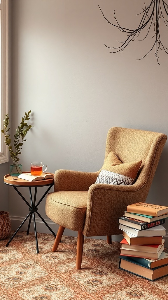 Cozy reading nook with a warm chair, a small table with tea, and a stack of books.