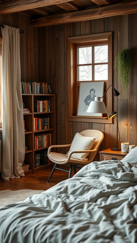 A cozy reading nook in a modern rustic bedroom featuring a comfortable chair, bookshelf, and warm wood accents.