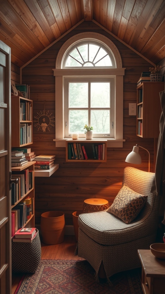 Cozy reading nook in a tiny cabin with bookshelves and a comfortable chair.