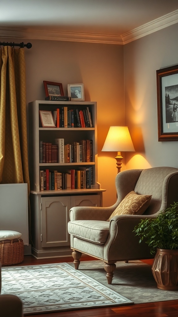 Cozy reading nook in a cottage living room with a comfortable chair, bookshelves, and warm lighting.