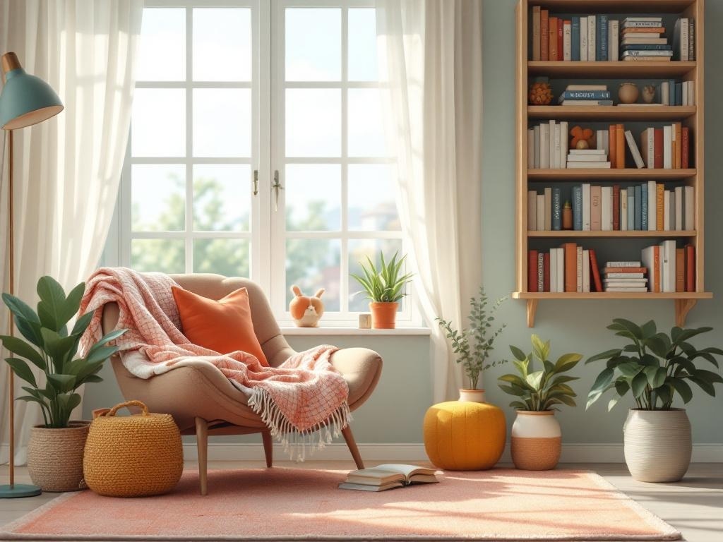 Cozy reading nook with a comfortable chair, blanket, plants, and a bookshelf.