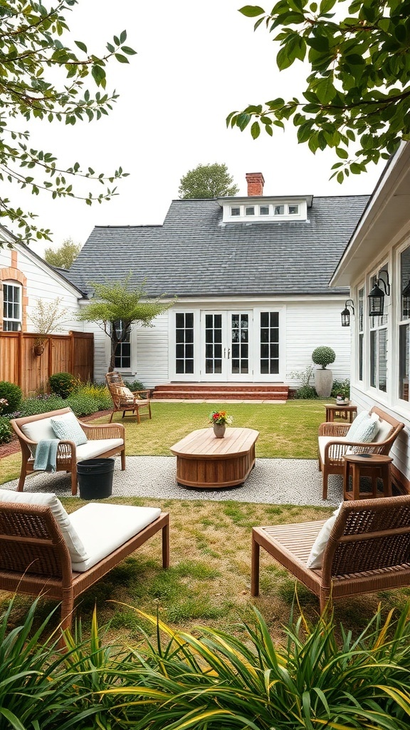 Cozy seating area in a modern farmhouse backyard with chairs and a table.