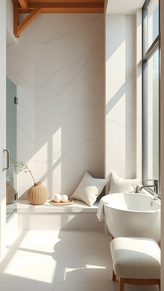 A bright and serene spa bathroom with a cozy seating area, featuring a bench with pillows and a small table.