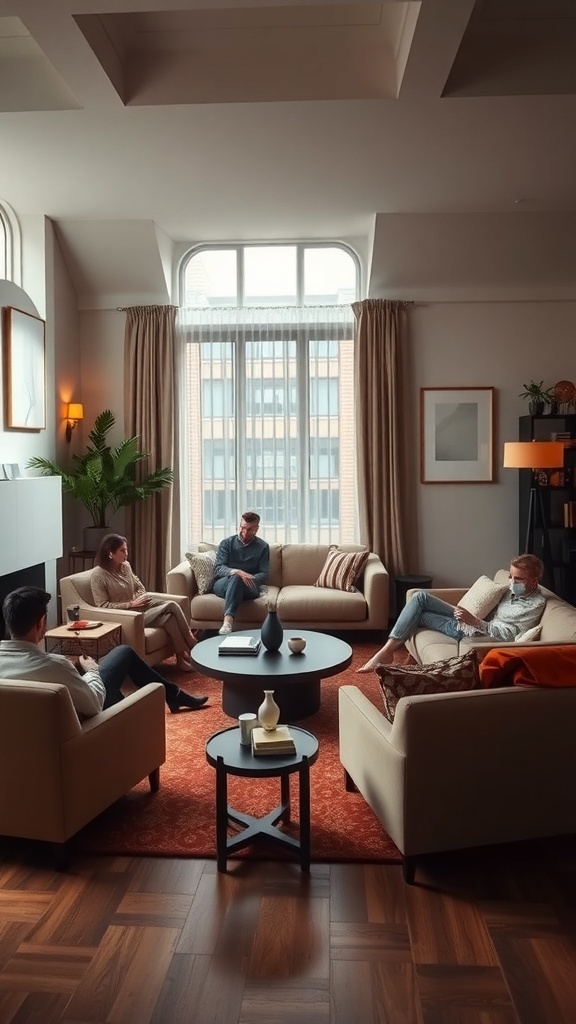 A cozy fall living room with inviting seating arrangements, featuring a circular coffee table and warm lighting.