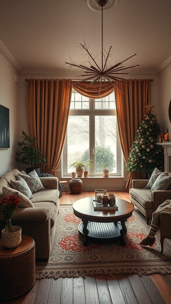 Cozy winter living room with soft sofas, decorative pillows, and a Christmas tree.