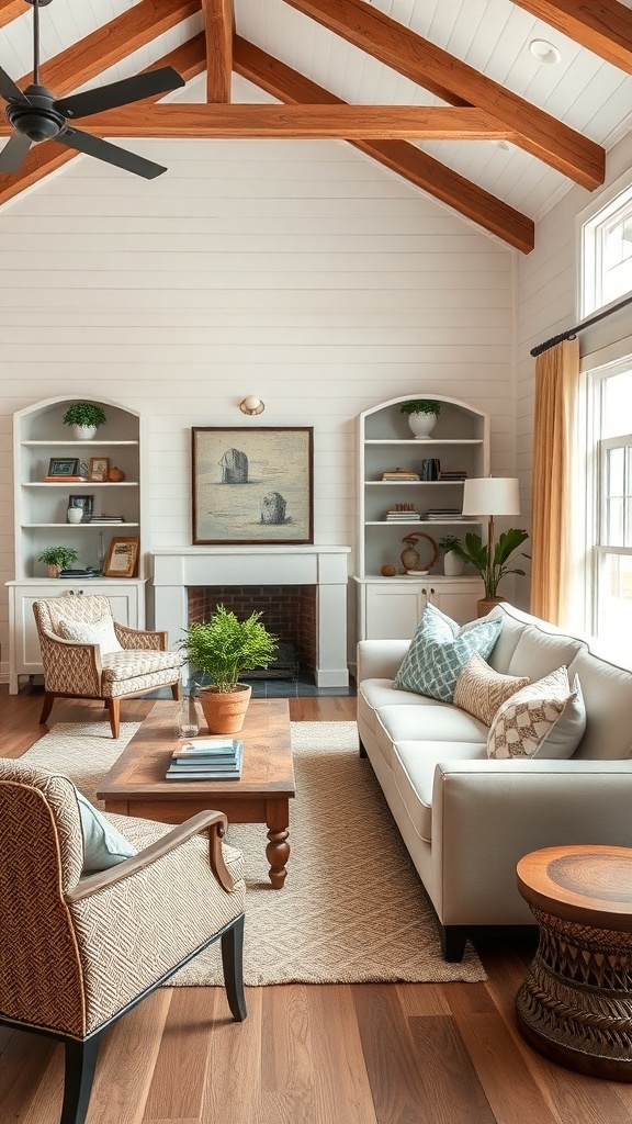 A cozy living room with farmhouse decor featuring a sofa, accent chairs, and a wooden coffee table.
