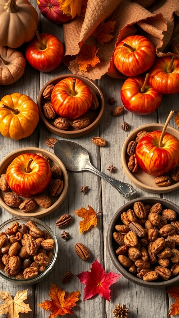 A fall-themed snack display featuring pumpkins, nuts, and autumn leaves on a wooden table.