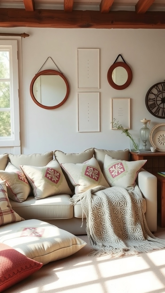 A cozy French cottage living room with soft pillows and warm throws on a sofa.