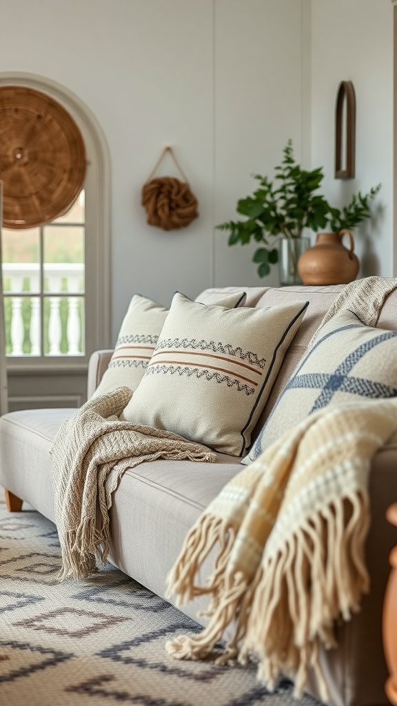 Cozy farmhouse living room with soft pillows and a warm throw on the couch.