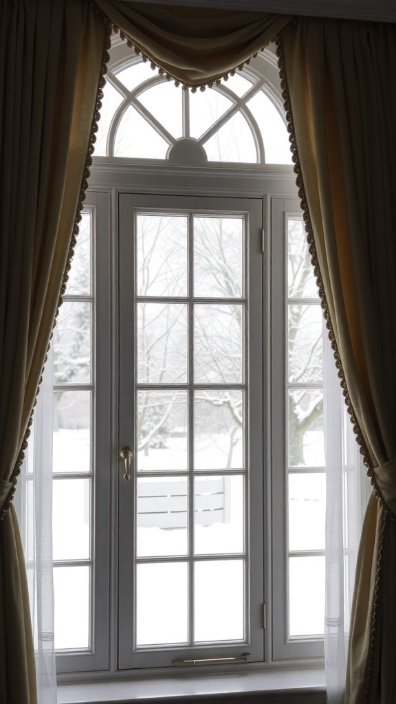 Elegant window with soft curtains and a decorative valance, showcasing a snowy view outside.